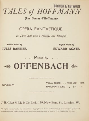 Item #28807 [Les Contes d'Hoffmann]. Tales of Hoffmann ... Opera Fantastique In Three Acts with a...