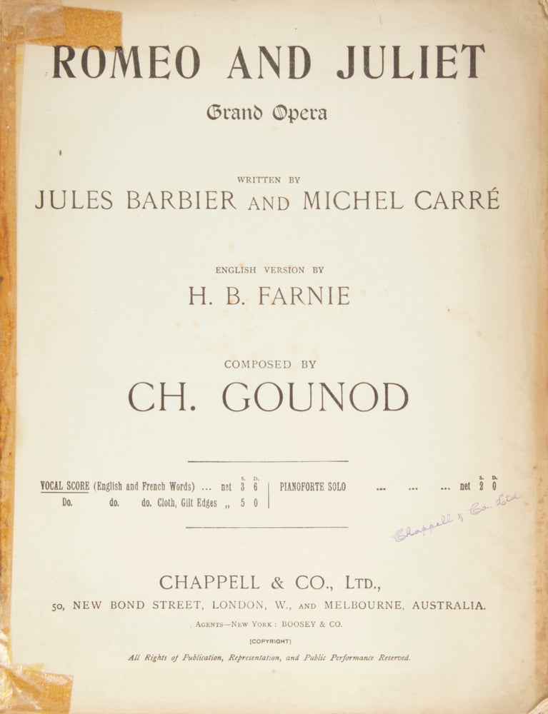 Item #28952 Romeo and Juliet Grand Opera Written by Jules Barbier and Michel Carré English Version by H. B. Farnie ... Vocal Score (English and French Words) ... net 3 S. 6 D. [Piano-vocal score]. Charles GOUNOD.