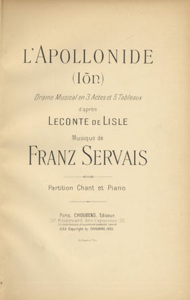Item #29065 L'Apollonide (Iōn) Drame Musical en 3 Actes et 5 Tableaux d'après Leconte de Lisle...