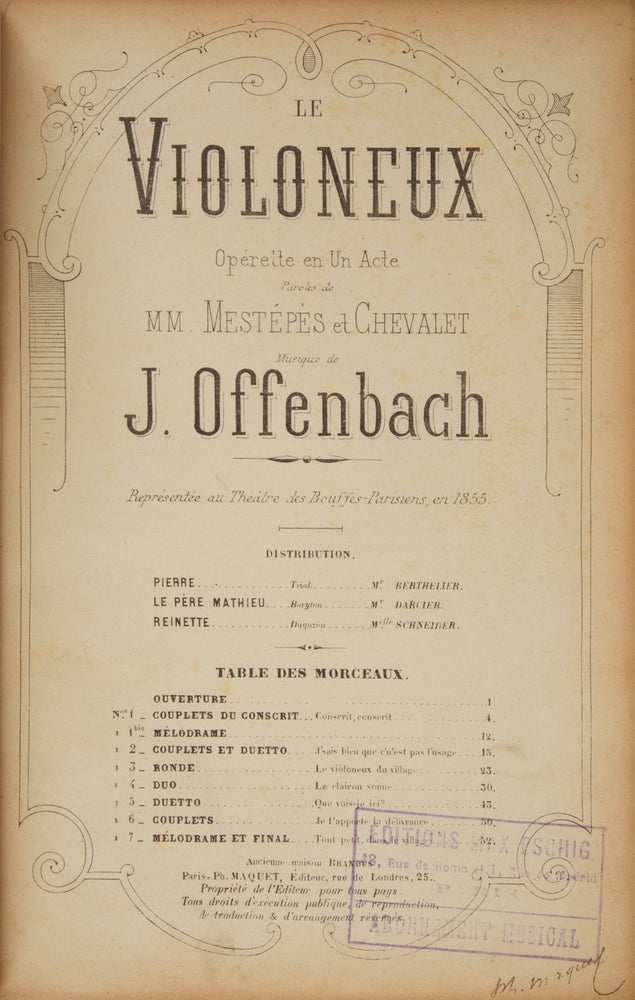 Item #29089 Le Violoneux Opérette en Un Ace Paroles de MM. Mestépès et Chevalet. [Piano-vocal score]. Jacques OFFENBACH.