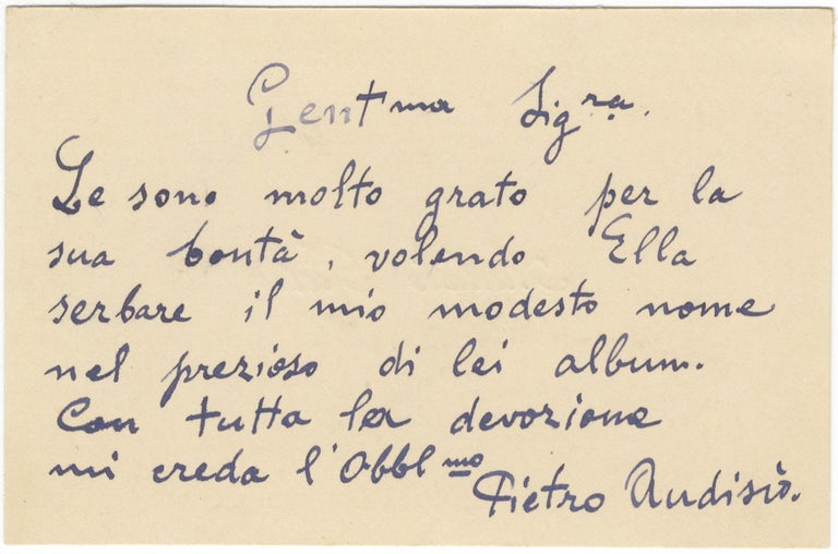 Item #29431 Printed visiting card of the noted tenor with 6-line autograph sentiment signed in full to verso. Pietro AUDISIO.