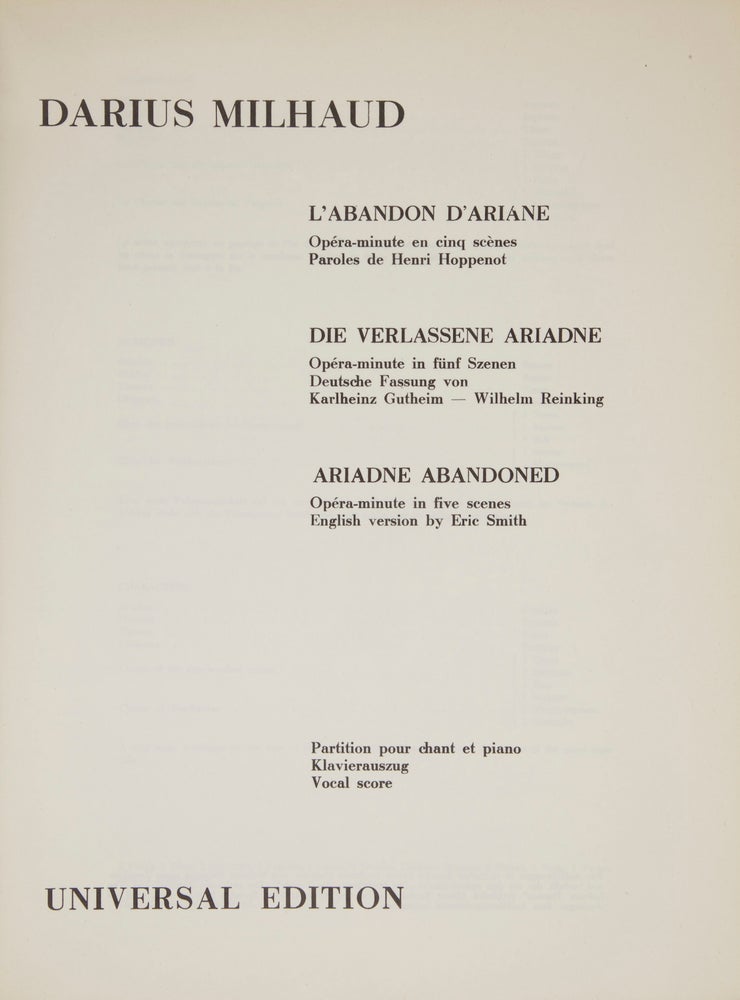 Item #29508 [Op. 98]. L'Abandon d'Ariane Opéra-minute en cinq scènes Paroles de Henri Hoppenot ... Partition pour chant et piano. [Piano-vocal score]. Darius MILHAUD.