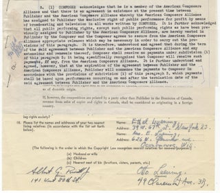 Item #29574 Contract for the publication of Luening's "Behold, the Tabernacle of God" by...