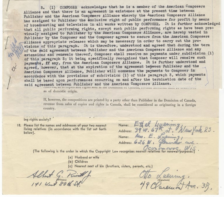 Item #29574 Contract for the publication of Luening's "Behold, the Tabernacle of God" by Broadcast Music, dated January 14, 1947 and with Luening's address at 49 Claremont Avenue in New York in typescript at head, completed in typescript and ink, and signed twice by the composer. Otto LUENING.