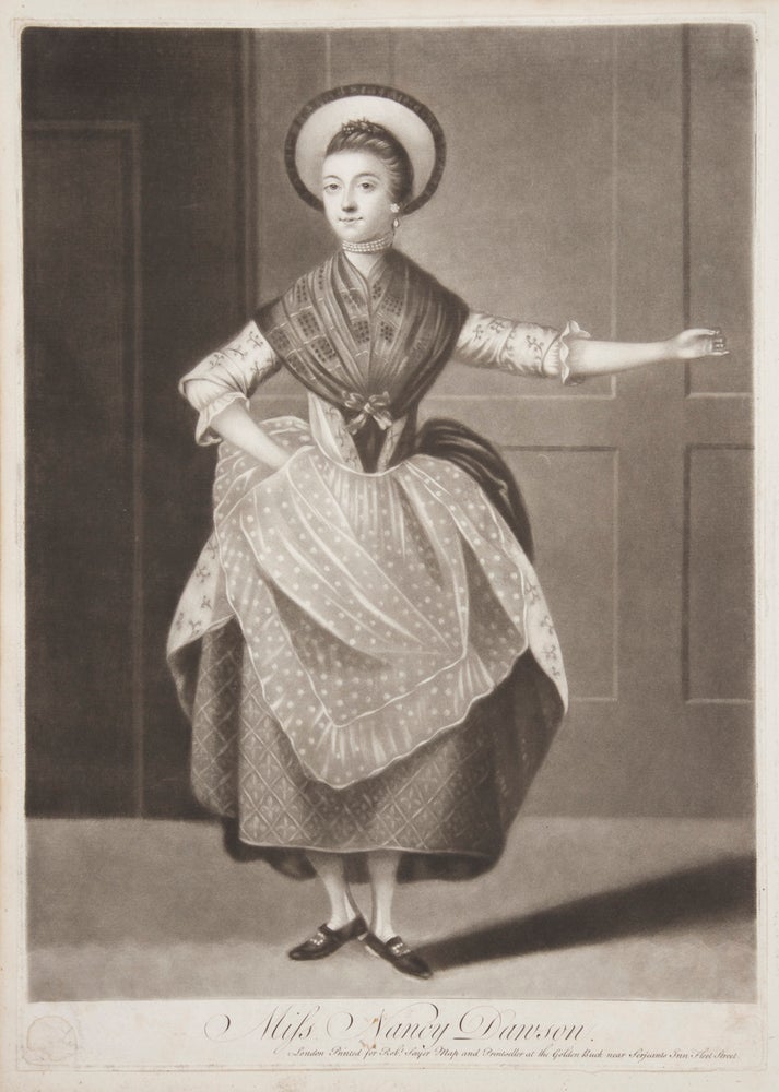 Item #29654 Original mezzotint engraving by Michael Jackson of Dawson performing her famous hornpipe dance. After a painting by an unknown artist held by the Garrick Club in London. Nancy DAWSON.