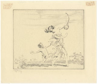 Item #29687 Original etching depicting a dancer holding a stringed instrument with a small satyr...
