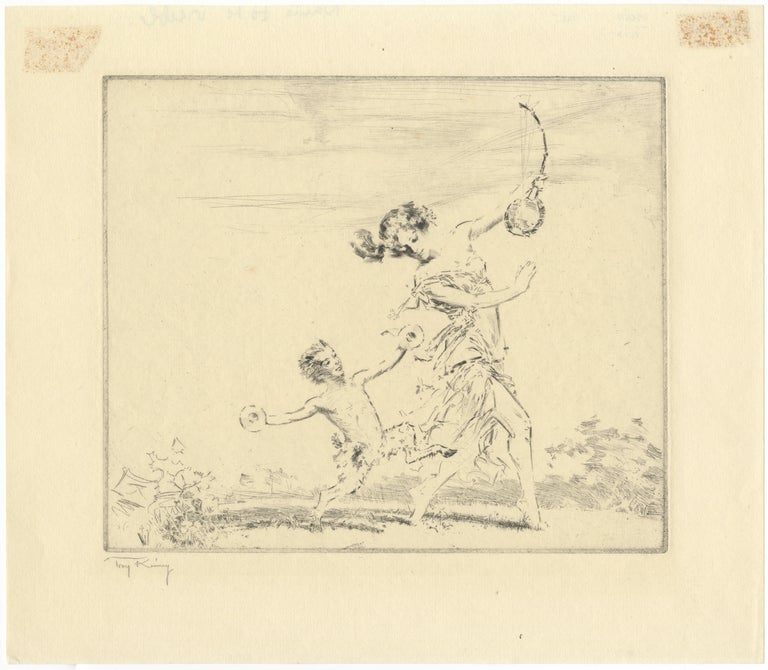 Item #29687 Original etching depicting a dancer holding a stringed instrument with a small satyr dancing alongside her holding a pair of cymbals. DANCE - 20th Century, Troy Kinney.