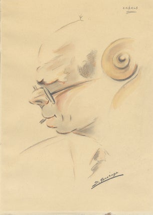 Item #29813 Original bust-length portrait drawing of the famed Catalan cellist in profile with...