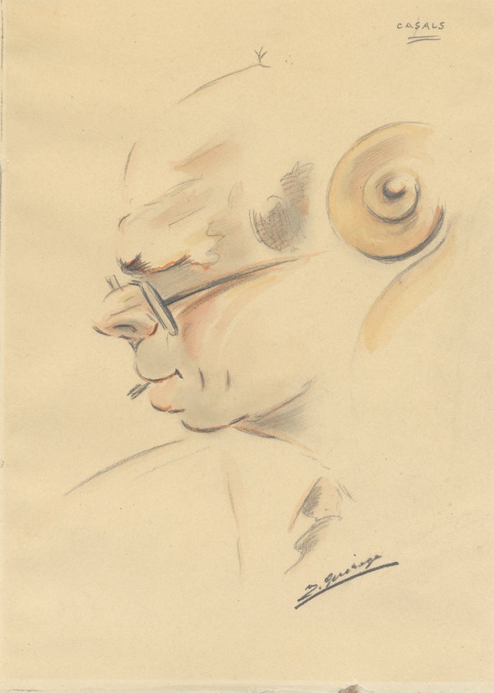 Item #29813 Original bust-length portrait drawing of the famed Catalan cellist in profile with 'cello scroll in foreground. Pablo CASALS.