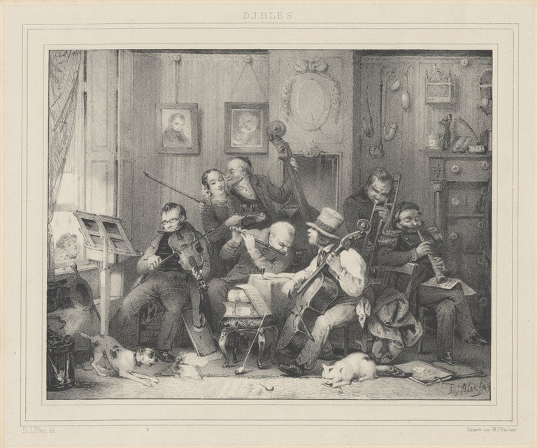 Item #29821 Lithograph of a group of 19th century instrumentalists by H.J. Backer after a drawing by David Joseph Blès (1821-1899). MUSICAL INSTRUMENTS.