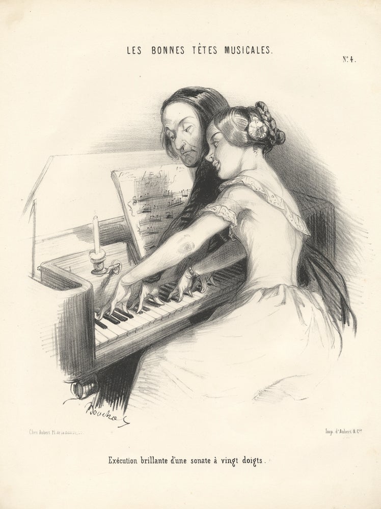 Item #29827 Exécution brillante d'une sonate à vingt doits. Lithograph of a young lady at the piano by Frédéric Bouchot (fl. 1820-1850). PIANO - 19th Century - French.