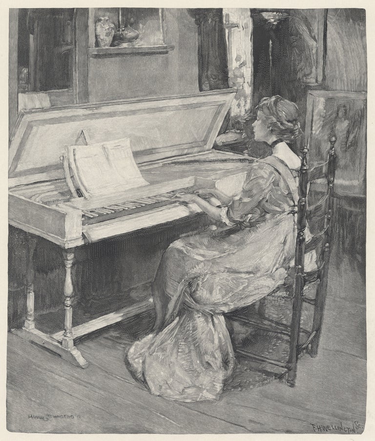 Item #29831 Wood engraving by Frank H. Wellington (1858-1911) after Harry Townsend (1879-1941) of a young woman playing a white-lacquered Dolmetsch-Chickering clavichord. PIANO.
