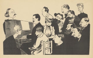Item #29838 Lithographic caricature of a pianist, in all likelihood Vincent d'Indy, seated at an....