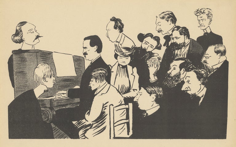 Item #29838 Lithographic caricature of a pianist, in all likelihood Vincent d'Indy, seated at an upright piano with 13 men and one woman gathered closely around the performer. By Charles Constantin (fl. late 19th-early 20th centuries). N.p., n.d., but Paris, ca. 1890. Vincent D'INDY.