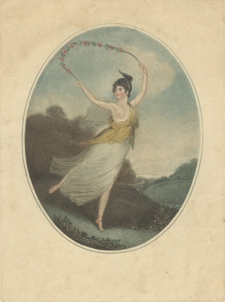 Item #29860 Coloured oval stipple engraving by Charles Turner (1774-1857) after John Masquerier (1778-1855) of Parisot dancing in a pastoral setting in a flowing diaphanous costume with one breast exposed, a garland of flowers above her head, full length. Proof before letters. Rose ca. 1778-after 1837 PARISOT.