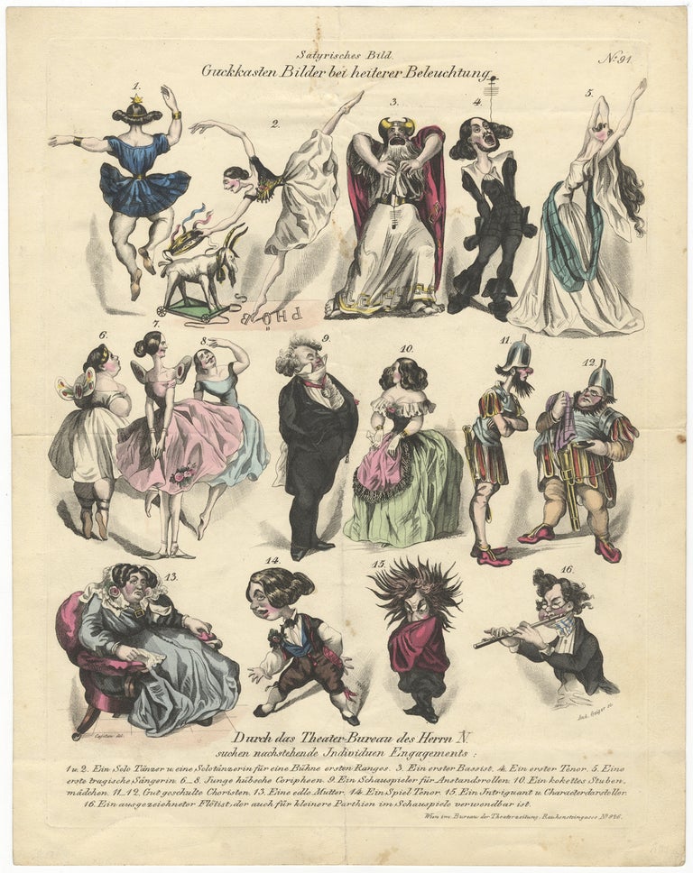Item #29877 "Guckkasten Bilder bei heiterer Beleuchtung." Hand-coloured engraving by Andreas Geiger after Cajetan satirizing ballet dancers, opera singers, and a musician. DANCE - 19th Century.