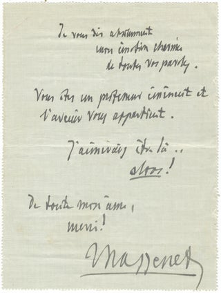 Item #30284 Autograph note signed "Massenet" to the French composer and musicologist Maurice...