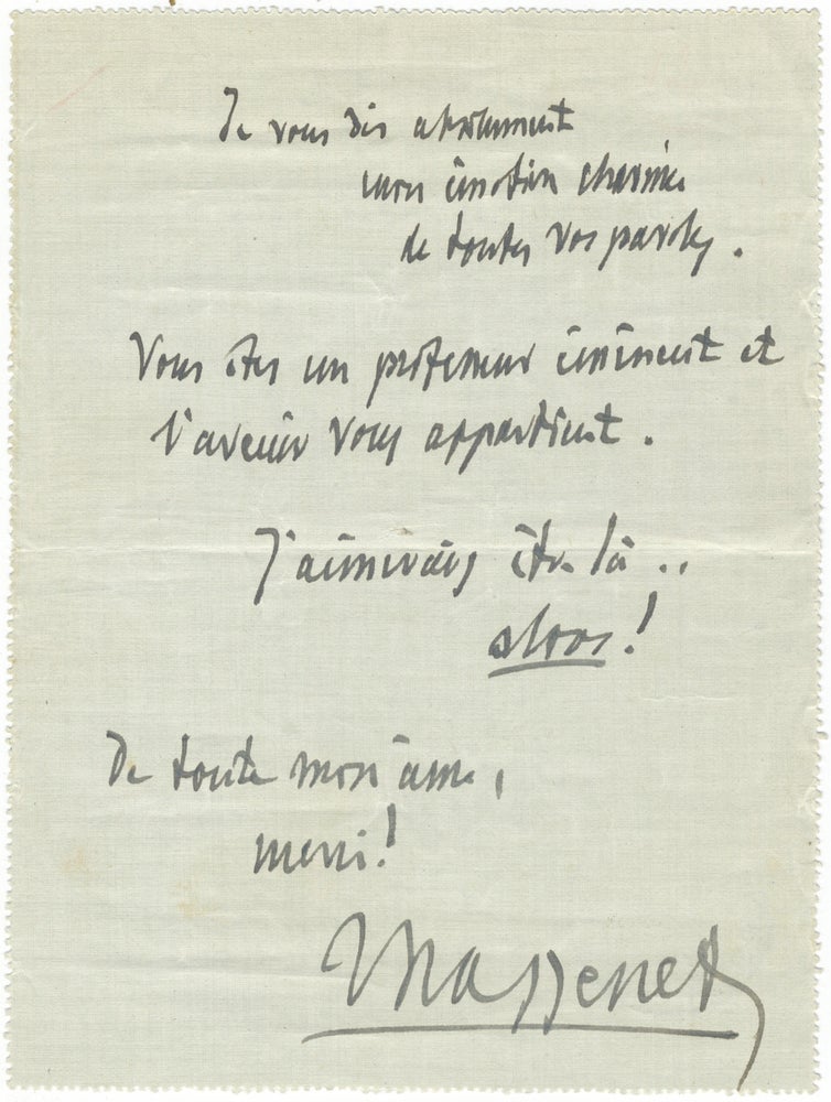 Item #30284 Autograph note signed "Massenet" to the French composer and musicologist Maurice Emmanuel (1862-1938), 42 rue de Grenelle, [Paris]. Jules MASSENET.