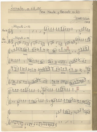 Item #30508 Sonata op. 68 No= 1 Para Flauta y Clarinete en Sib. Autograph musical. Jacobo FICHER