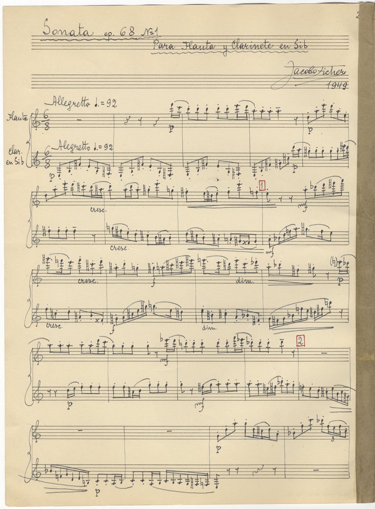 Item #30508 Sonata op. 68 No= 1 Para Flauta y Clarinete en Sib. Autograph musical manuscript signed and dated 1949. The complete work in score. Jacobo FICHER.