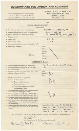 Item #30609 "Questionnaire for Author and Composer." Printed BMI contract relative to Carter's...