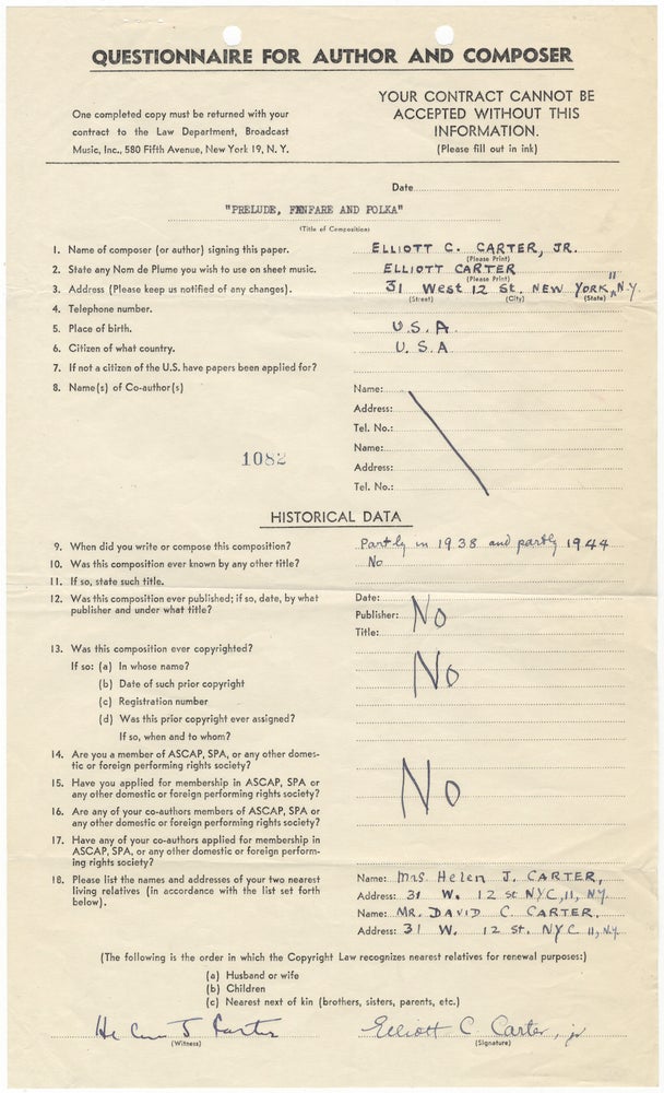 Item #30609 "Questionnaire for Author and Composer." Printed BMI contract relative to Carter's composition Prelude, Fanfare and Polka for small orchestra, signed by the composer. Elliott CARTER.