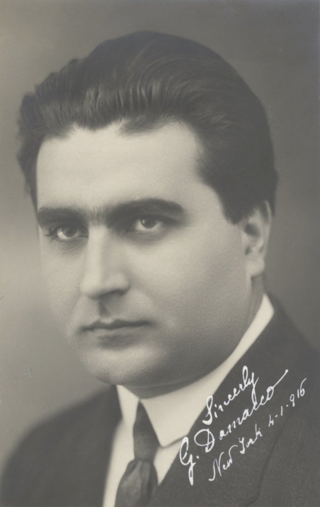 Item #31089 Bust-length postcard photograph of the Italian tenor. Signed "G. Damacco" and dated "New York 4-1-[1]916" at lower right corner in white ink. Giacomo DAMACCO.