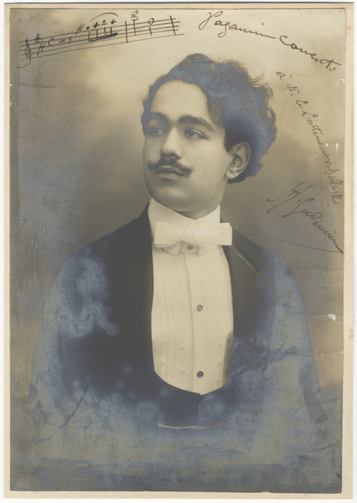 Item #31099 Fine half-length photograph of this Armenian-born violinist and composer in formal dress. Signed "H. Gudenian," with a 2-measure autograph musical quotation identified as "Paganini Concerto" to upper portion. Inscribed "à Mr. Le Lieutenant v. Ballasko" [Lieutenant Carl Edler von Ballasko], in all likelihood a relation of the noted WWII fighter pilot Otto Edler von Ballasko (1919-2005). Haig 1885 or GUDENIAN.