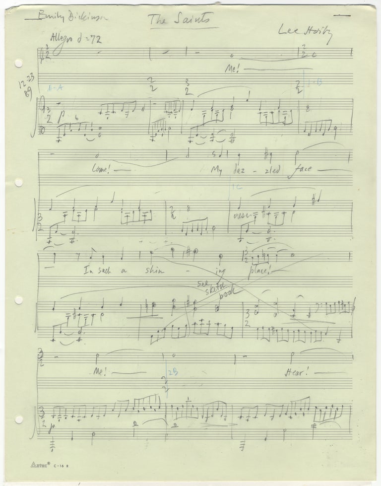 Item #31128 The Saints [The Shining Place]. Song for voice and piano. Autograph musical manuscript dated December 23, 24, and Christmas Day, 1989. Text by Emily Dickinson. Lee HOIBY.