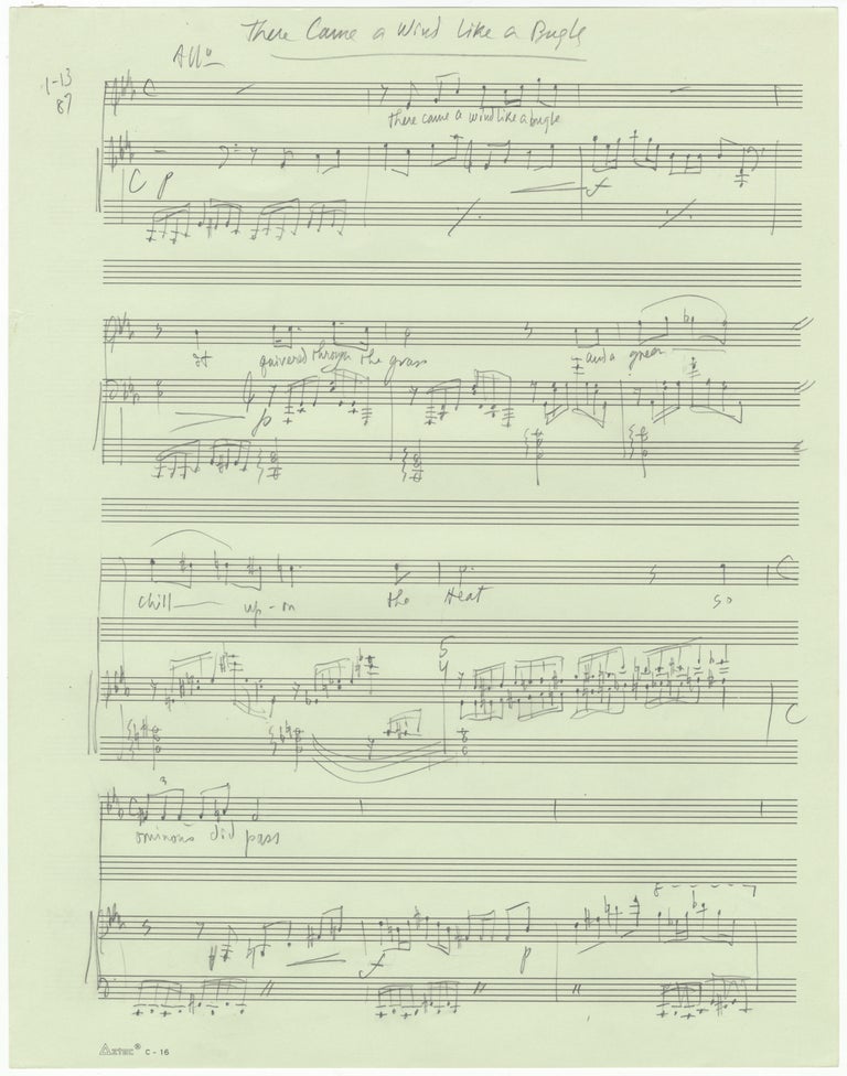 Item #31130 There Came a Wind Like a Bugle. Song for voice and piano. Autograph musical manuscript dated Jan 13, 10, 12, 11, [19]87. Text by Emily Dickinson. Lee HOIBY.