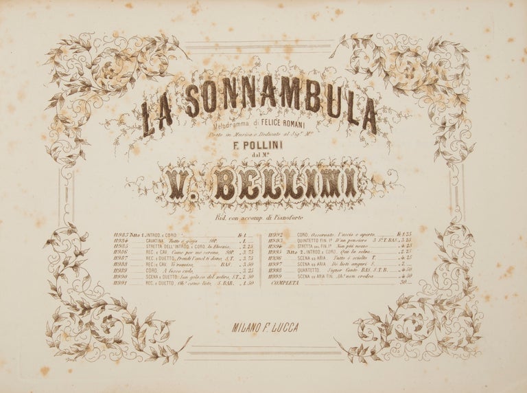 Item #31263 La Sonnambula Melodramma di Felice Romani posta in Musica e Dedicato al Sigr. Mo. F. Pollini ... Rid. con accomp. di Pianoforte ... 30._. [Piano-vocal score]. Vincenzo BELLINI.