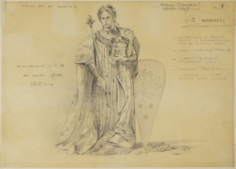 Item #31383 Fine original drawing in pencil of a costume design for the character of Tancredi in Rossini's eponymous opera. Executed for a production in Aix-en-Provence in 1981. Mauro PAGANO.