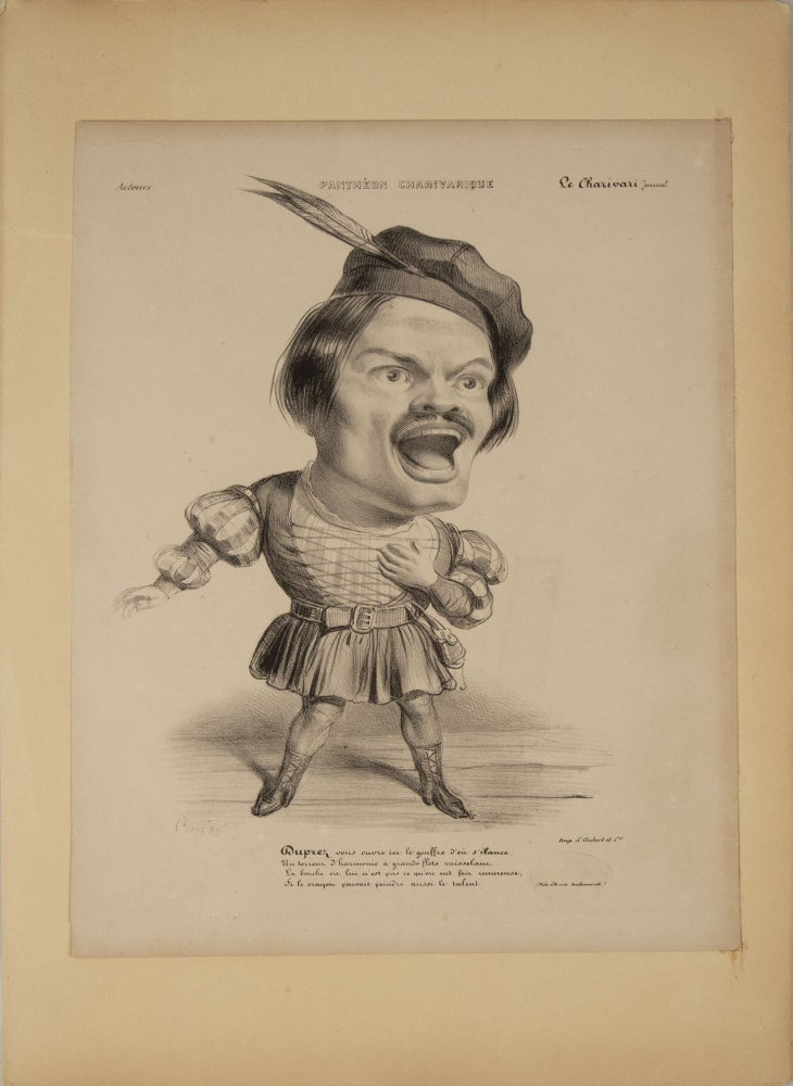 Item #31386 Large role portrait lithographic caricature of Duprez as Arnold in Rossini's Guillaume Tell. Lithograph by Benjamin [Roubaud]. Gilbert DUPREZ.