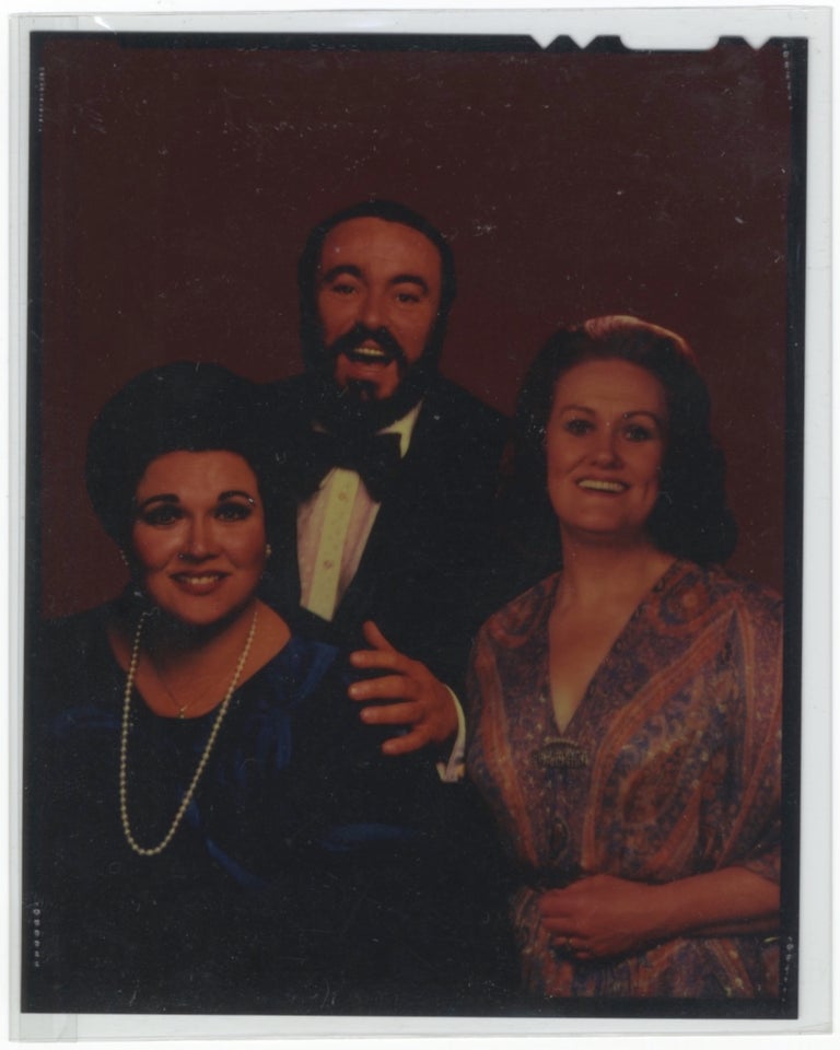 Item #31919 Photographic colour interpositive with Luciano Pavarotti and Joan Sutherland, ca. 1975. Marilyn b. 1934 HORNE.
