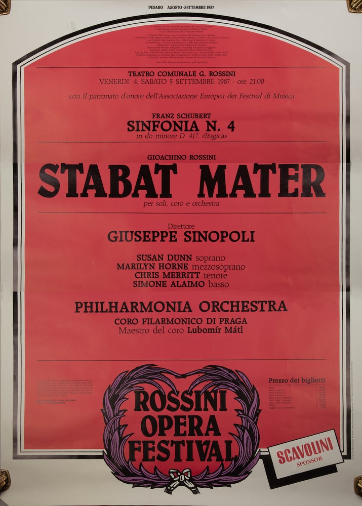 Item #32023 Large poster for Rossini's Stabat Mater performed at the Rossini Opera Festival in Pesaro, August-September 1987, with Marilyn Horne, Susan Dunn, Chris Merritt, and Simone Alaimo. Gioachino ROSSINI.