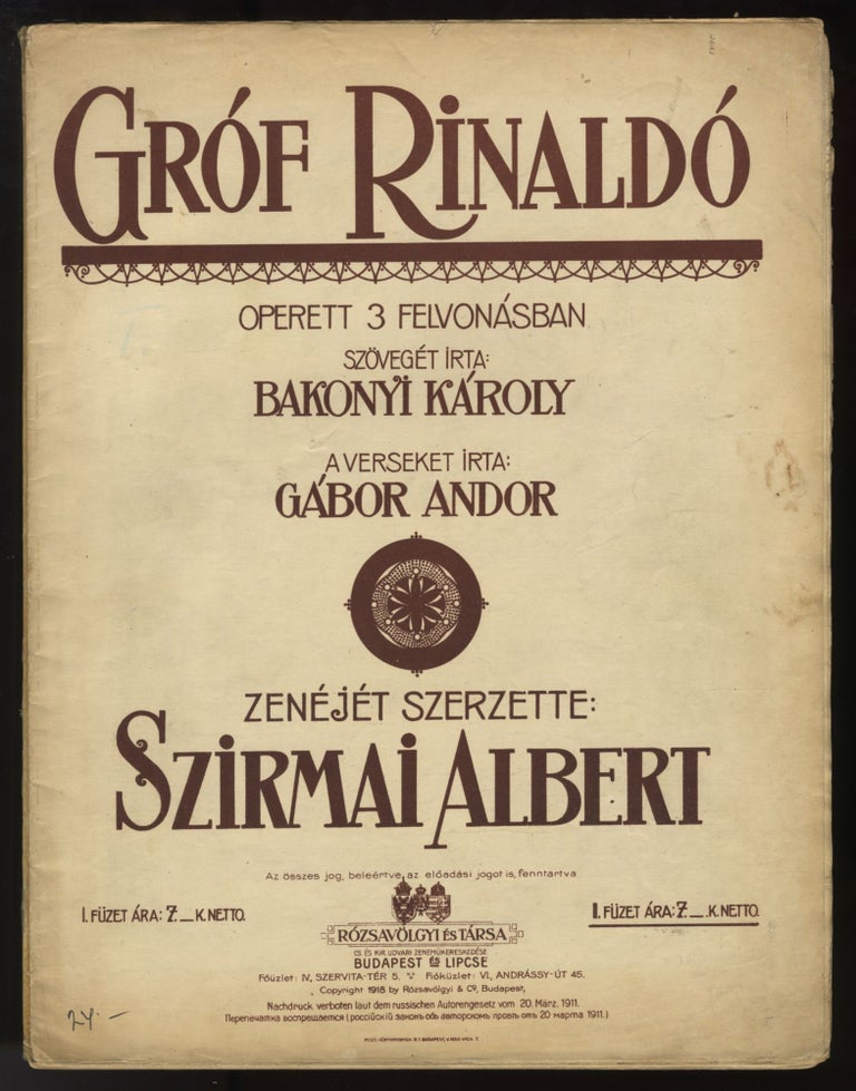 Item #32198 Gróf Rinaldó. [Excerpts in piano-vocal score]. Albert SZIRMAI.