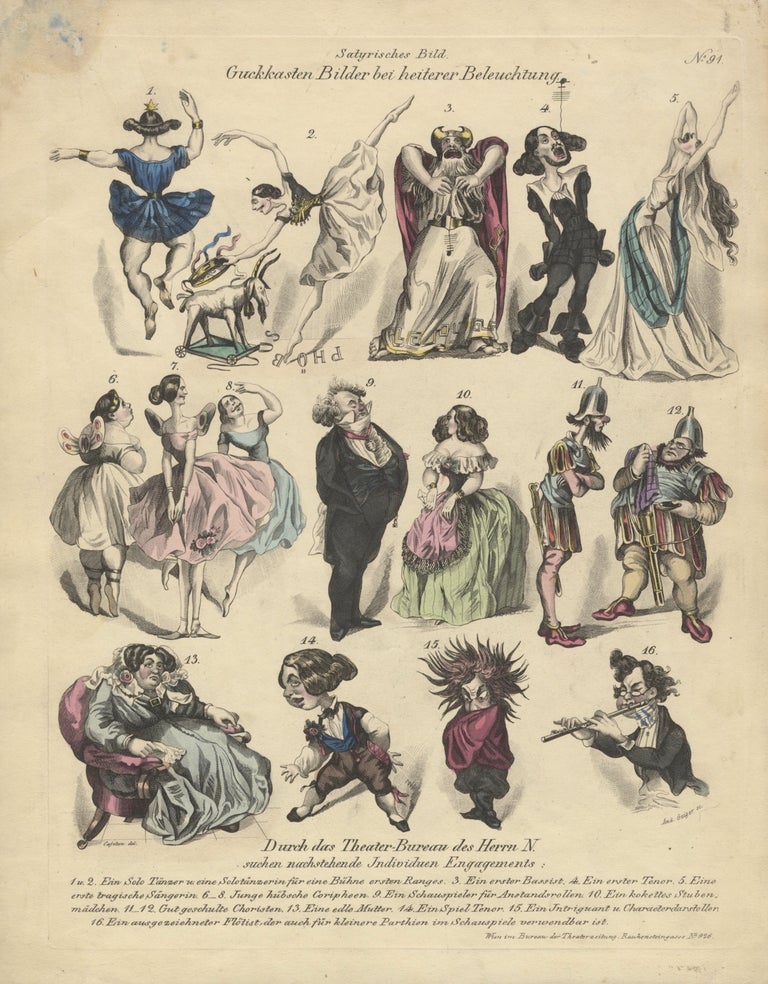 Item #32224 "Guckkasten Bilder bei heiterer Beleuchtung." Hand-coloured engraving by Andreas Geiger after Cajetan satirizing ballet dancers, opera singers, and a musician. DANCE - 19th Century.