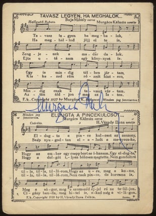 Two postcards with printed music, both with autograph signatures in blue ink