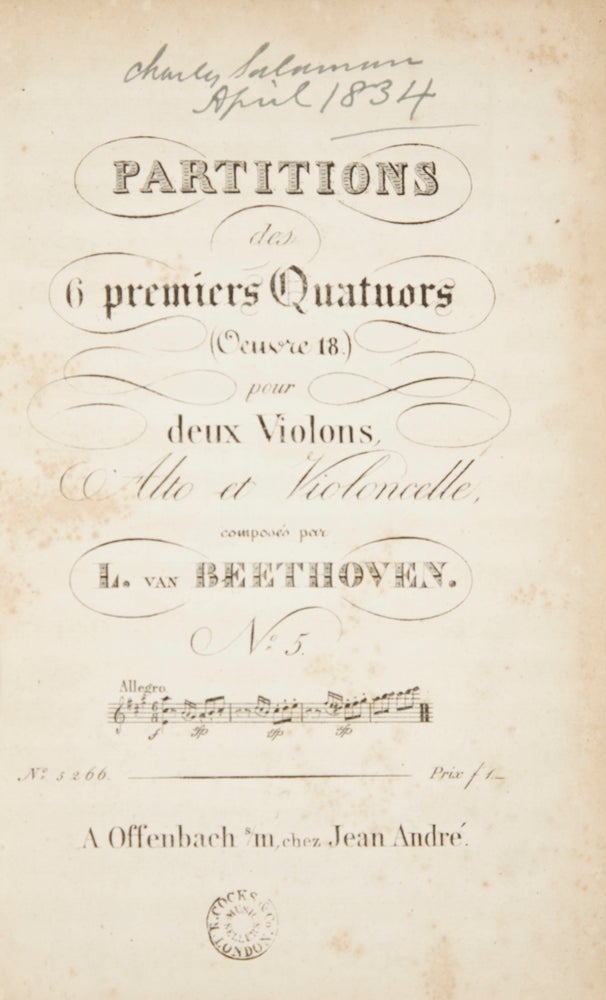 Item #33212 [Op. 18, No. 5]. Partitions des 6 premiers Quartuors [Score]. Ludwig van BEETHOVEN.