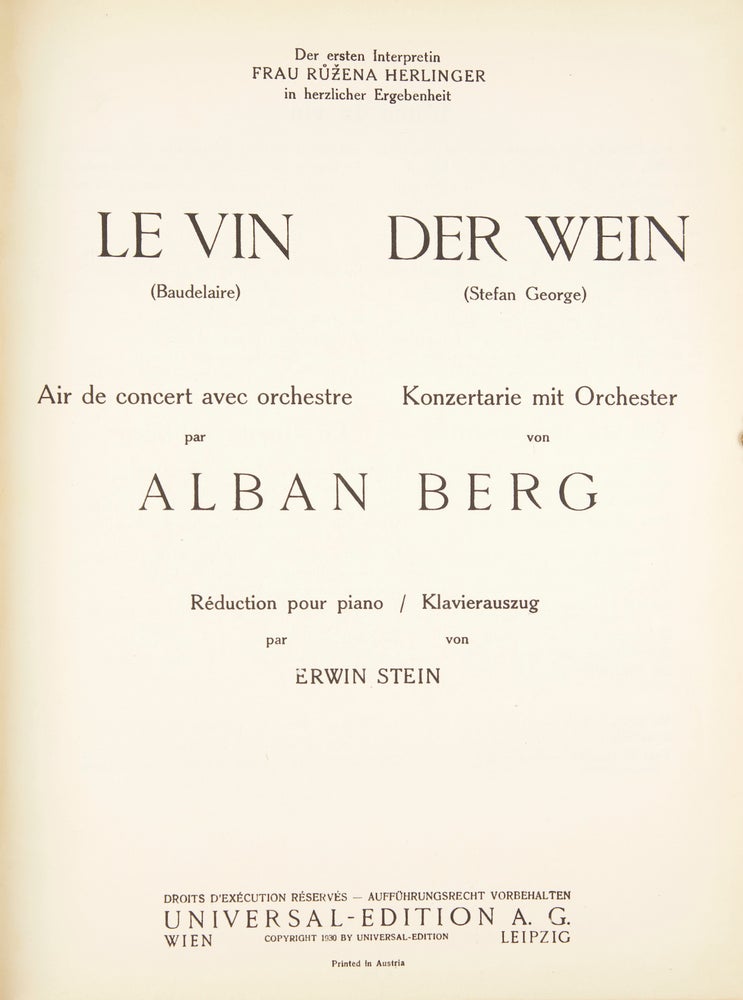 Item #33364 Der Wein [Piano-vocal score]. Alban BERG.
