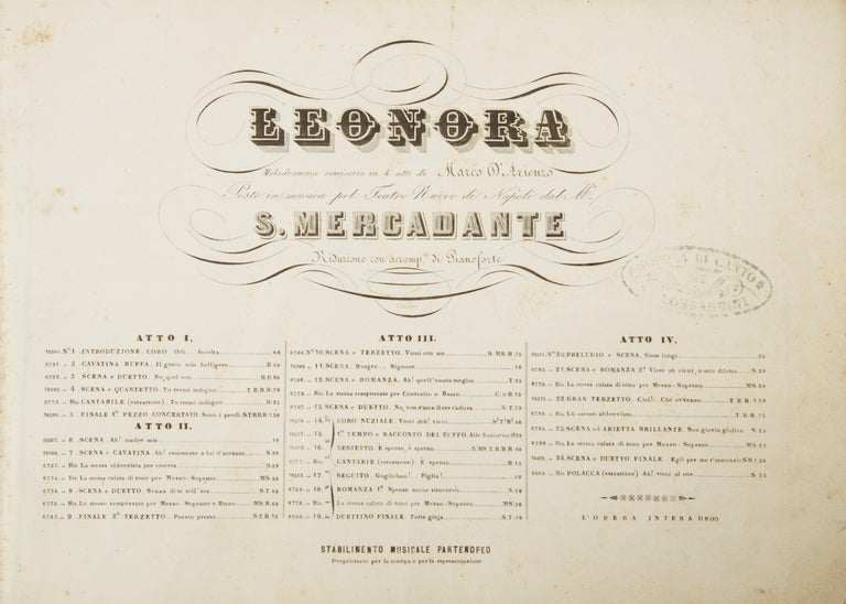 Item #33509 Leonora [Piano-vocal score]. Saverio MERCADANTE.