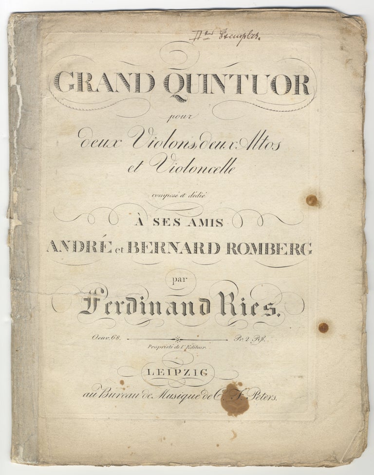Item #33584 [Op. 68]. Grand Quintuor pour deux Violons, deux Altos et Violoncelle composé et dédié à ses amis André et Bernard Romberg ... Oeuv 68. Pr. 2 Rtlr. [Parts]. Ferdinand RIES.