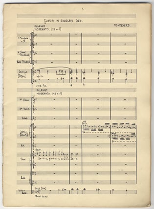 Gloria in Excelsis Deo [Claudio] Monteverdi [arranged] for Brass, Strings, Solo Voices, Chorus and Organ Continuo. Autograph musical manuscript full score. 1947.