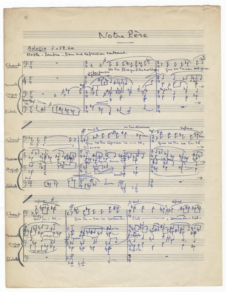 Item #34080 Notre Père pour voix de Baryton et Orgue. The Lord's Prayer for baritone voice and organ. Autograph musical manuscript. J. L. fl. 1948 MAY.