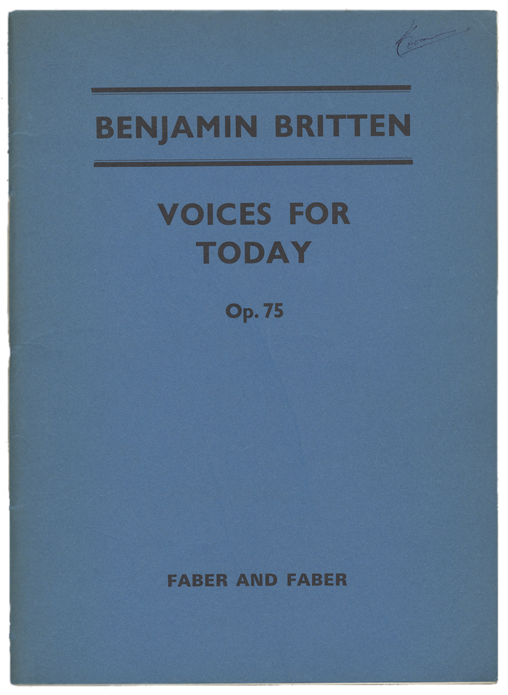Item #34165 [Op. 75]. Voices for Today ... [Vocal score with organ accompaniment]. Benjamin BRITTEN.