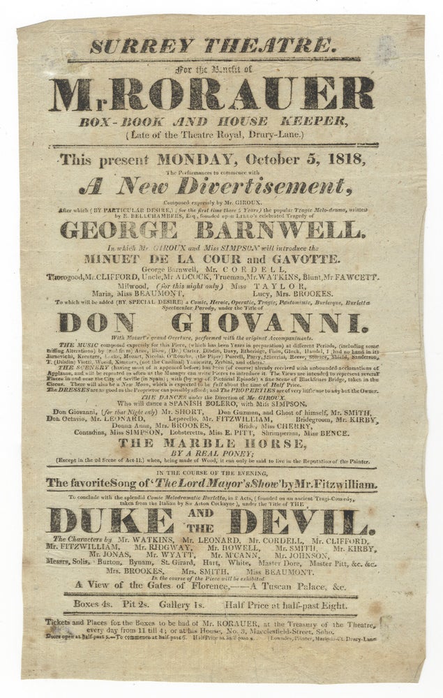 Item #34628 Broadside playbill for a benefit concert at Surrey Theatre on 5 October 1818 featuring a parody of Mozart's Don Giovanni. Wolfgang Amadeus MOZART.