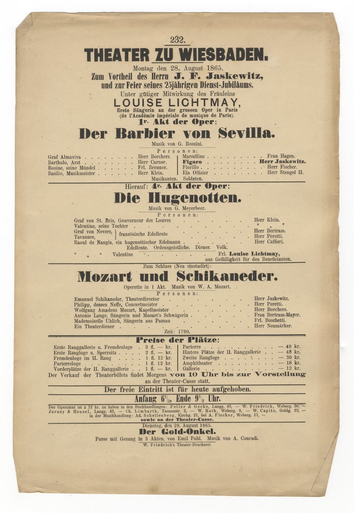 Item #34652 Broadside playbill for a performance in Wiesbaden at the Teater zu Wiesbaden on 28 August 1865 featuring the comic opera Mozart und Schikaneder. Wolfgang Amadeus MOZART.
