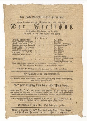 Item #34658 Broadside playbill for a performance of Der Freischütz in Germany on 24 November....