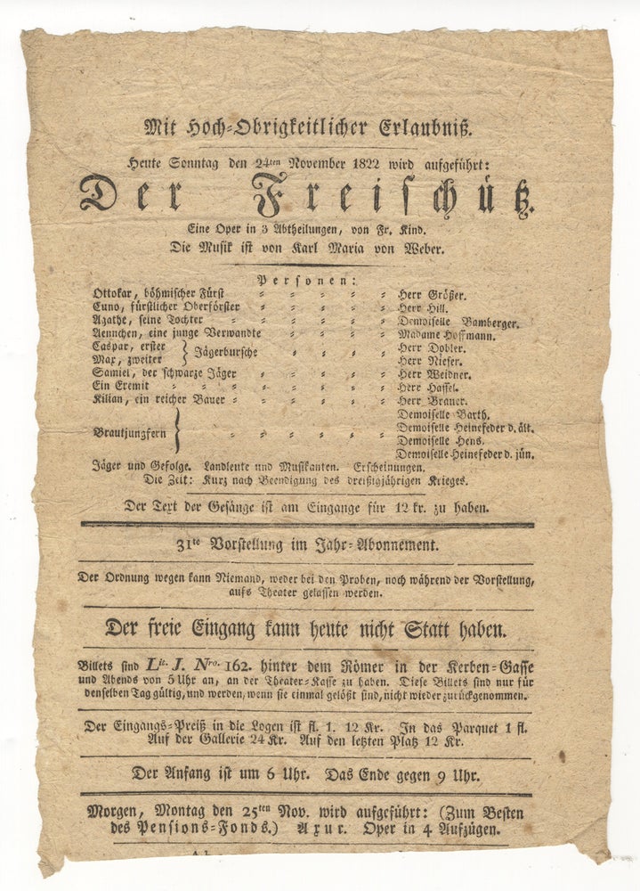 Item #34658 Broadside playbill for a performance of Der Freischütz in Germany on 24 November 1822. Carl Maria von WEBER.