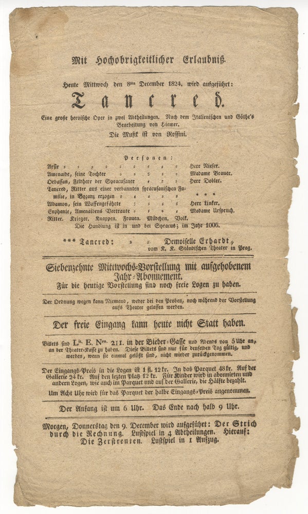 Item #34663 Broadside playbill for a performance of Tancredi in Frankfurt am Main on 8 December 1824. Gioachino ROSSINI.